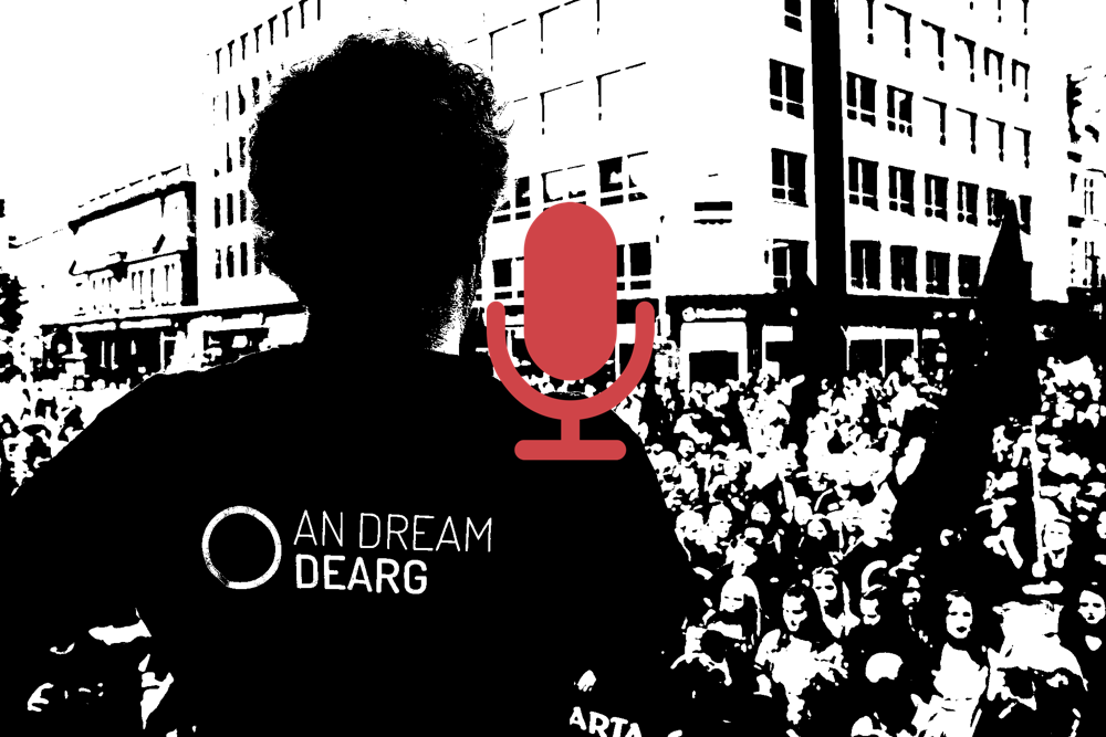Podcast microphone overlayed on campaigners